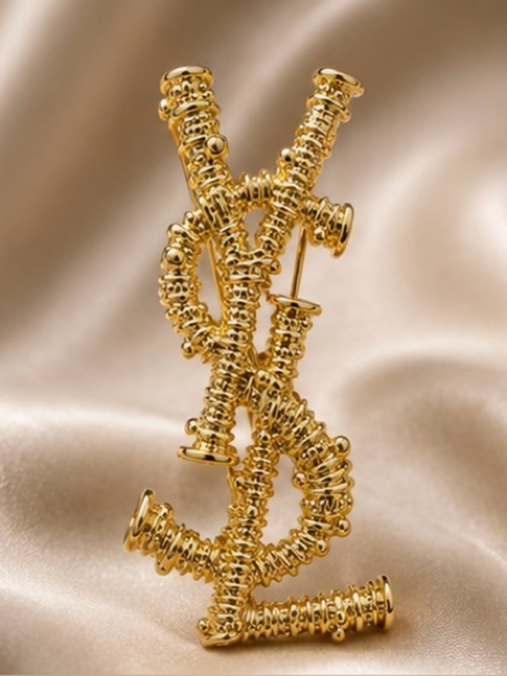 Gold Tone Textured Monogram Statement Brooch Pin